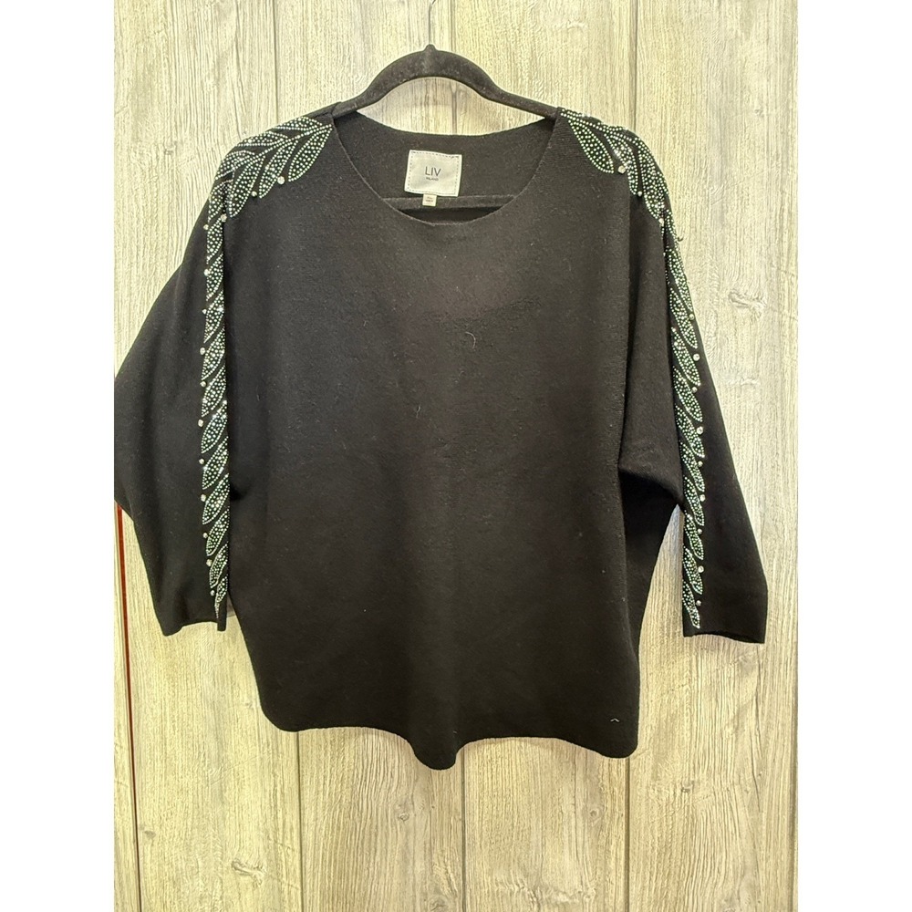 LIV Milano Womens XL Black Rhinestone Embellished Dolman Sleeve Knit Sweater Top